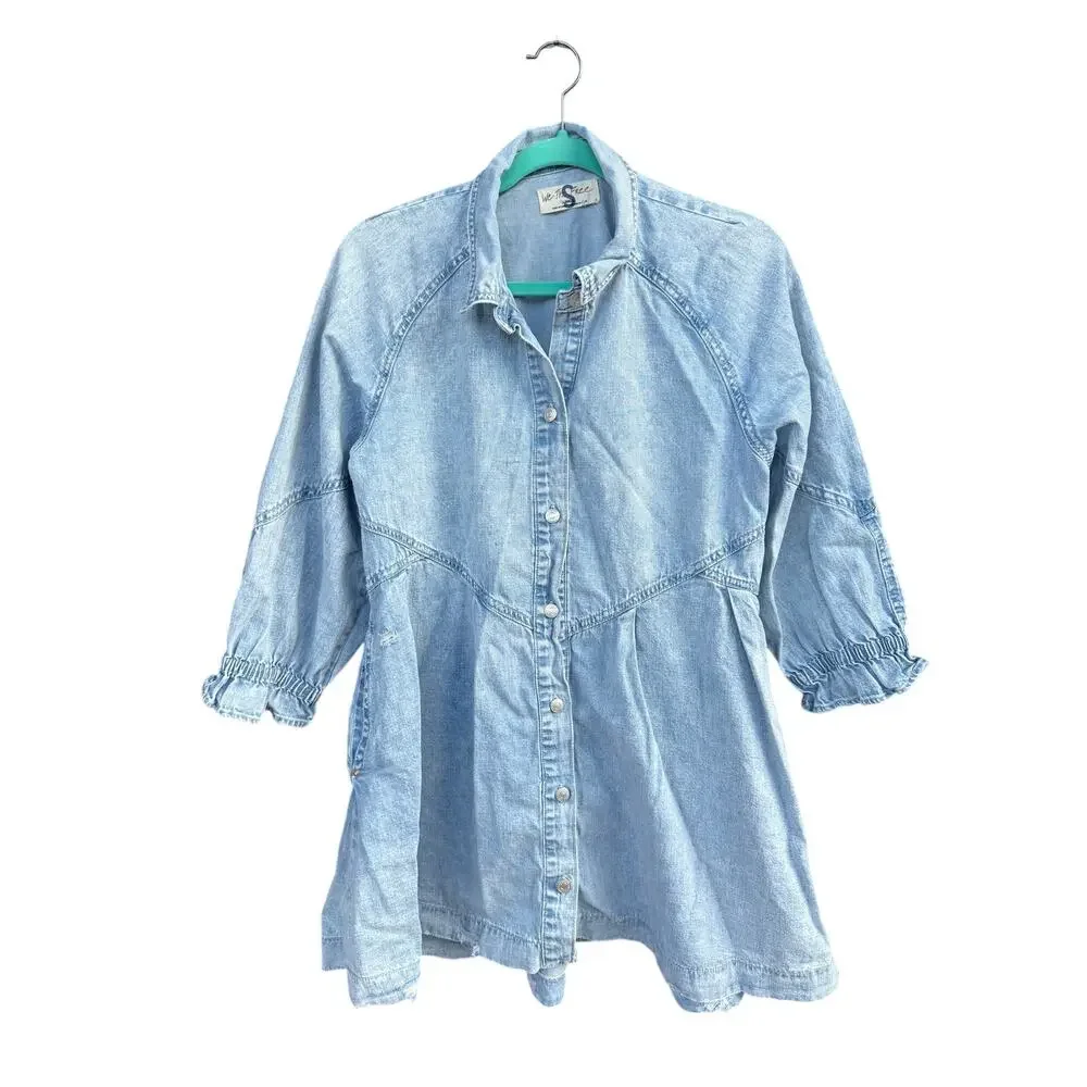 Free People We The Free Hannah Denim Mini Dress Small Light Wash Shirt Dress